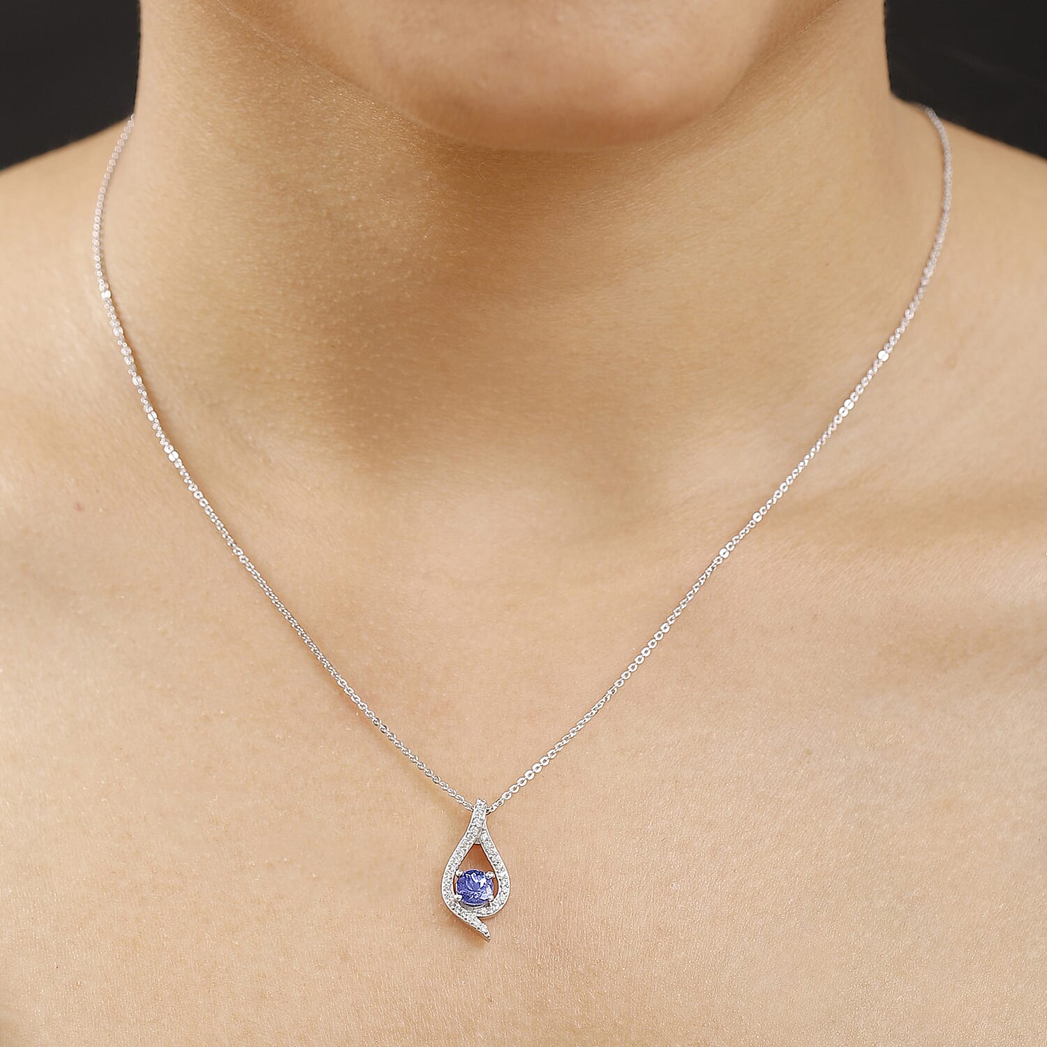Tanzanite & White Zircon Pendant with Chain (Size 20) in Rhodium Overlay Sterling Silver 1.00 Ct.