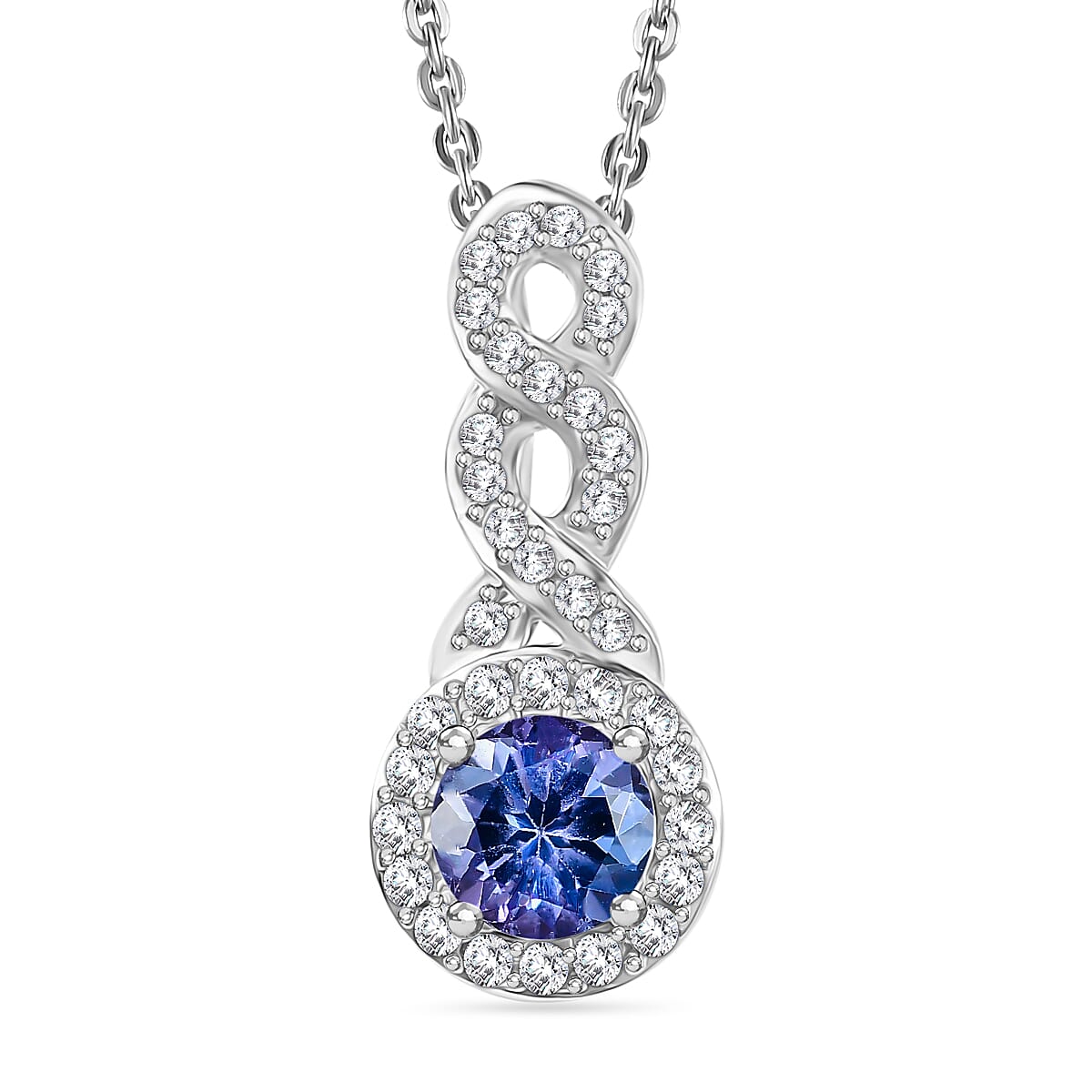 Tanzanite & White Zircon Pendant with Chain (Size 20) in Rhodium Overlay Sterling Silver 0.72 Ct.