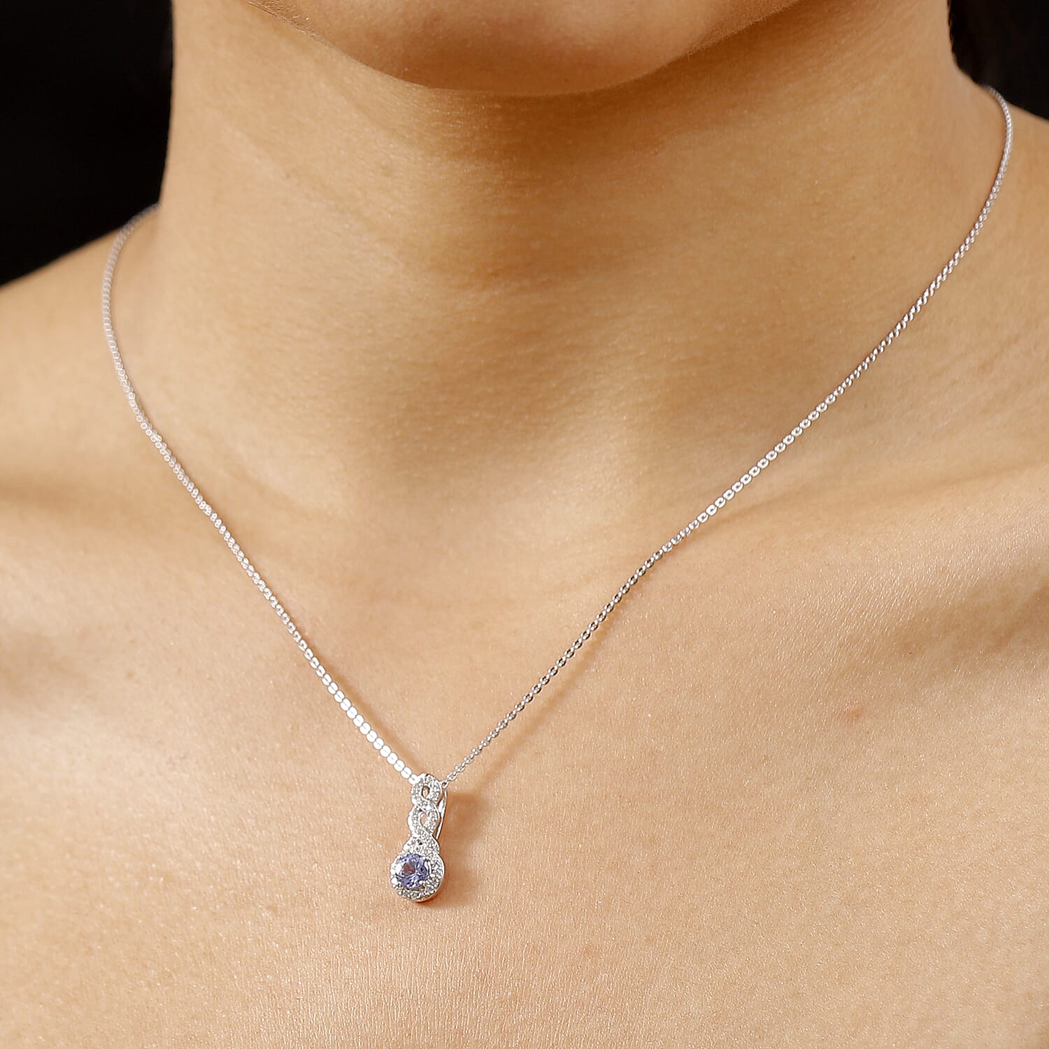 Tanzanite & White Zircon Pendant with Chain (Size 20) in Rhodium Overlay Sterling Silver 0.72 Ct.