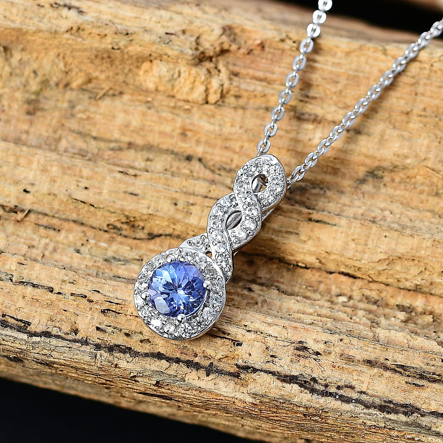 Tanzanite & White Zircon Pendant with Chain (Size 20) in Rhodium Overlay Sterling Silver 0.72 Ct.