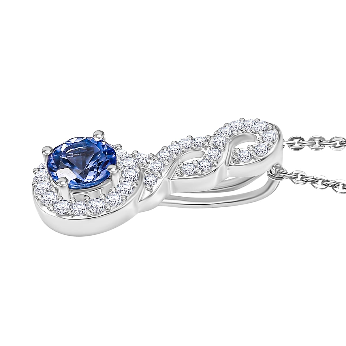 Tanzanite & White Zircon Pendant with Chain (Size 20) in Rhodium Overlay Sterling Silver 0.72 Ct.