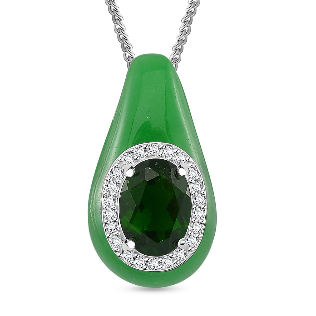 Green Jade, Natural Chrome Diopside & White Zircon Pendant with Chain (Size 18) in Rhodium Overlay Sterling Silver 5.86 Ct.