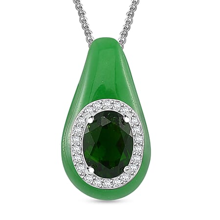 Green Jade, Natural Chrome Diopside & White Zircon Pendant with Chain (Size 18) in Rhodium Overlay Sterling Silver 5.86 Ct.