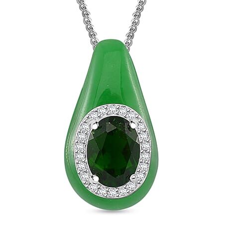 Green Jade, Natural Chrome Diopside & White Zircon Pendant with Chain (Size 18) in Rhodium Overlay Sterling Silver 5.86 Ct.