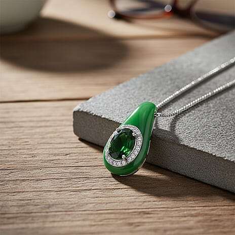 Green Jade, Natural Chrome Diopside & White Zircon Pendant with Chain (Size 18) in Rhodium Overlay Sterling Silver 5.86 Ct.