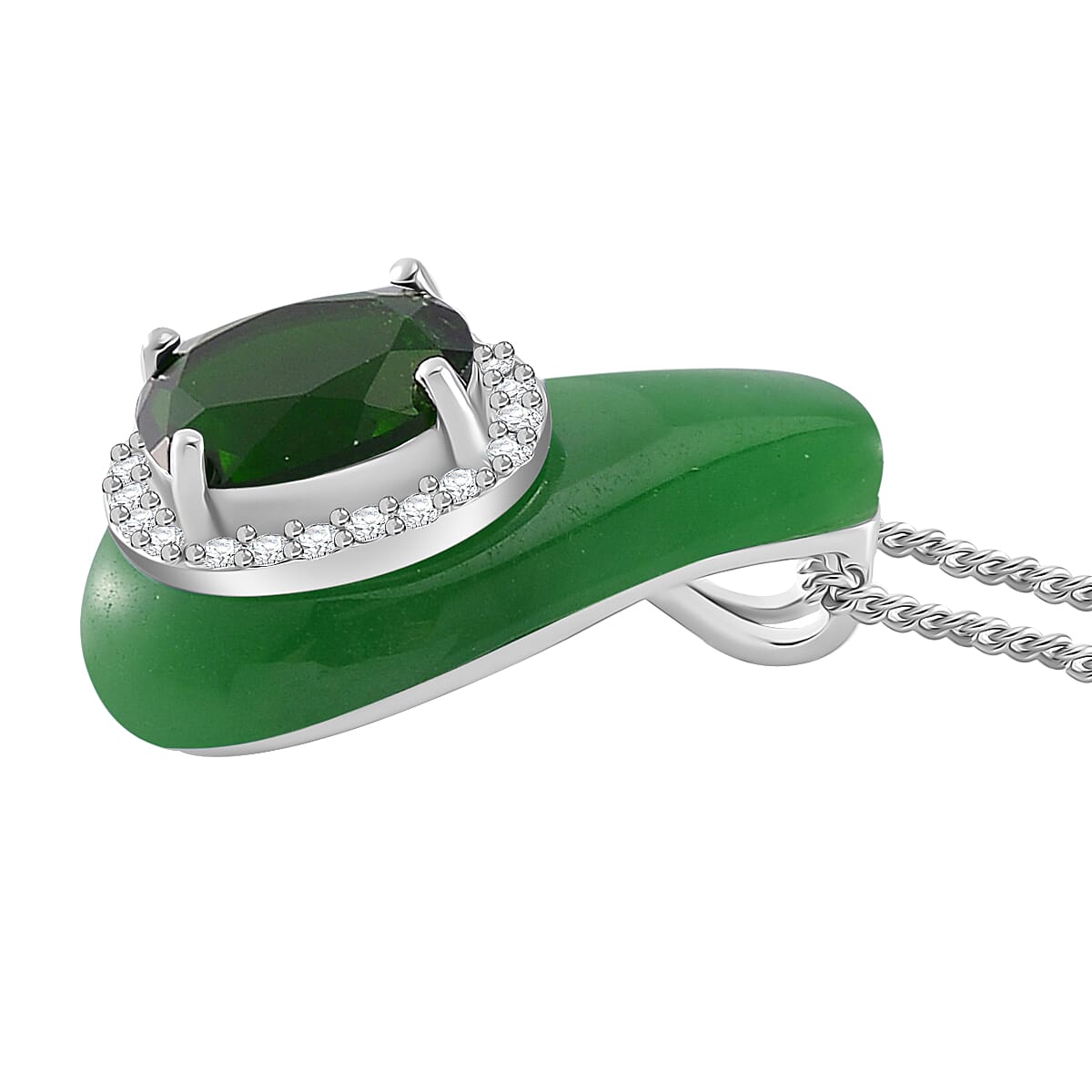Green Jade, Natural Chrome Diopside & White Zircon Pendant with Chain (Size 18) in Rhodium Overlay Sterling Silver 5.86 Ct.