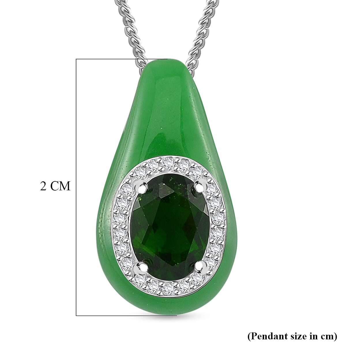 Green Jade, Natural Chrome Diopside & White Zircon Pendant with Chain (Size 18) in Rhodium Overlay Sterling Silver 5.86 Ct.