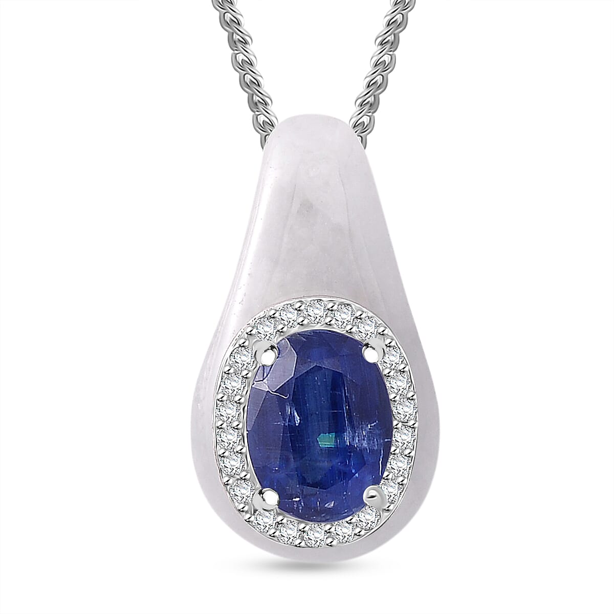 White Jade, Kyanite & White Zircon Pendant with Chain (Size 18) in Rhodium Overlay Sterling Silver 6.23 Ct.