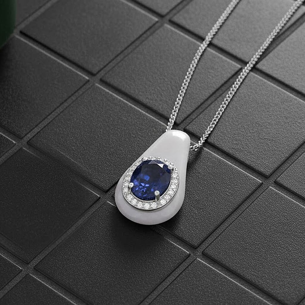White Jade, Kyanite & White Zircon Pendant with Chain (Size 18) in Rhodium Overlay Sterling Silver 6.23 Ct.