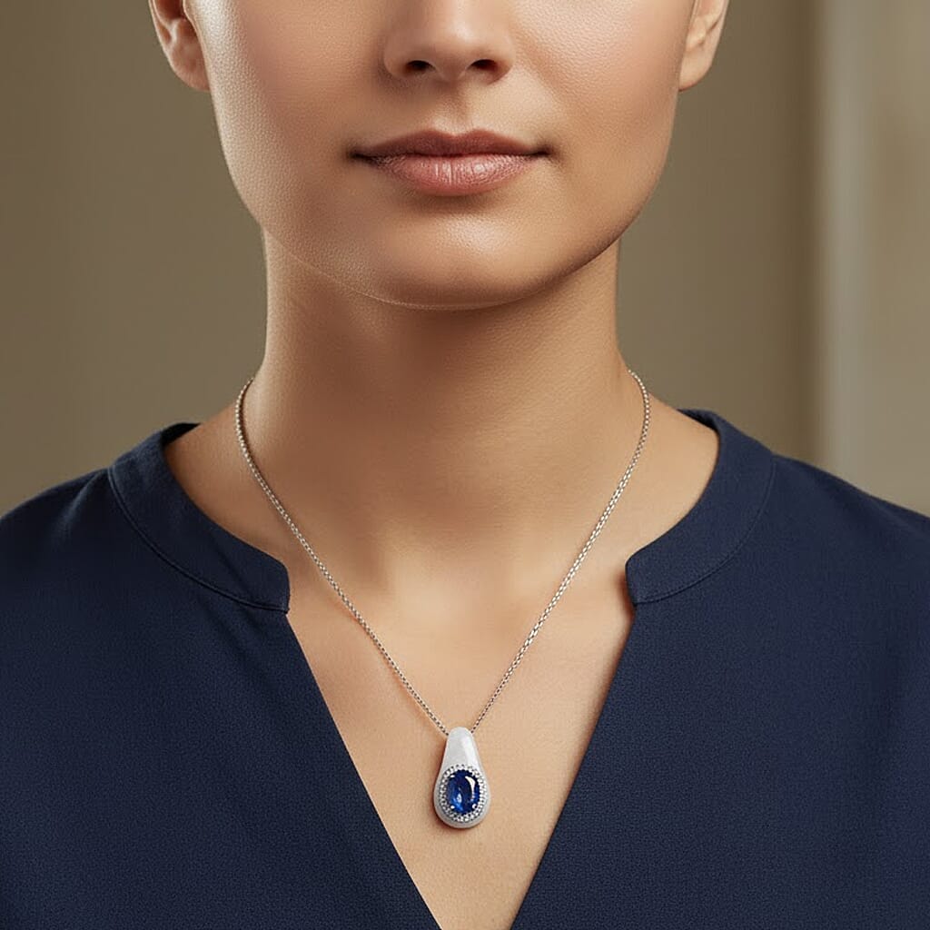 White Jade, Kyanite & White Zircon Pendant with Chain (Size 18) in Rhodium Overlay Sterling Silver 6.23 Ct.