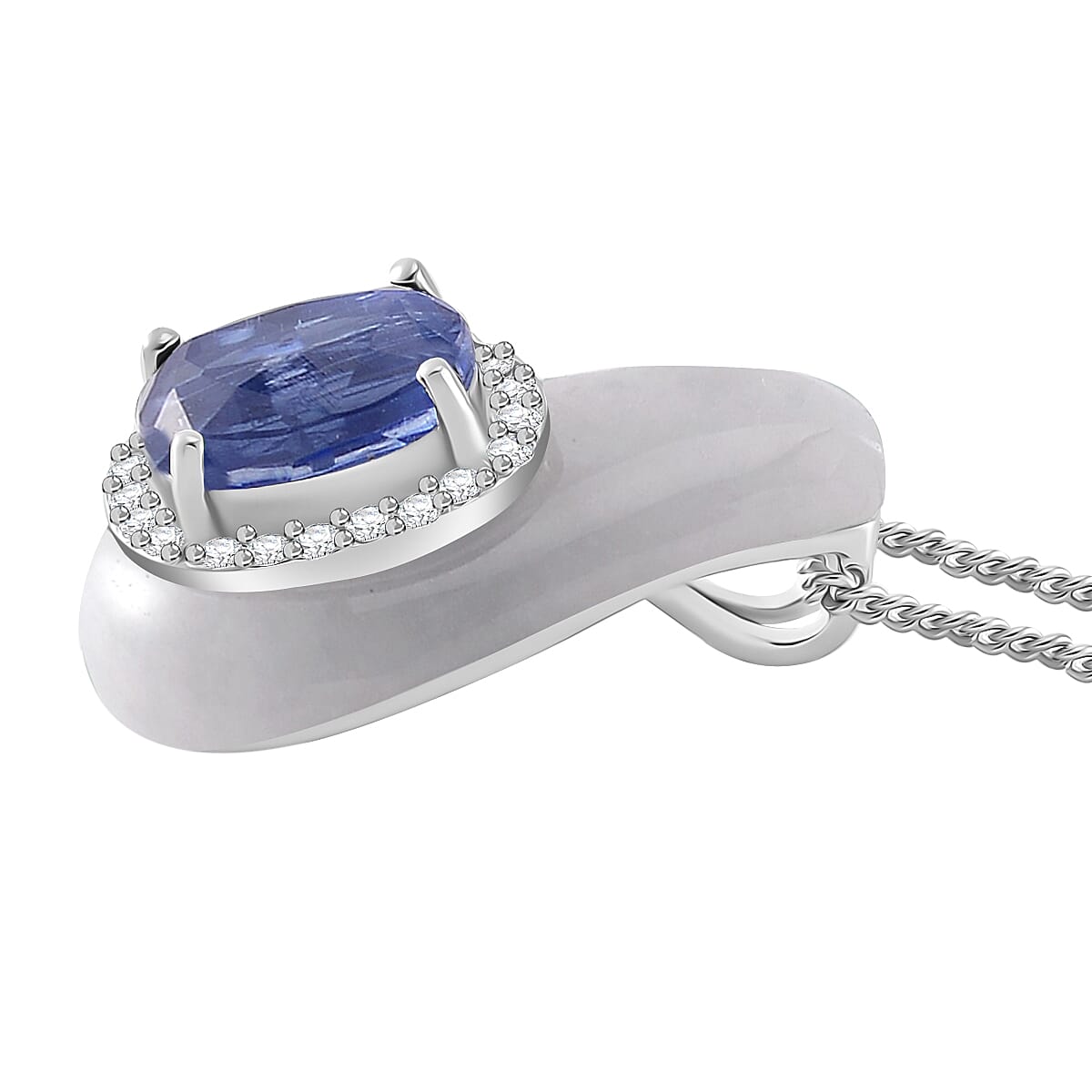 White Jade, Kyanite & White Zircon Pendant with Chain (Size 18) in Rhodium Overlay Sterling Silver 6.23 Ct.
