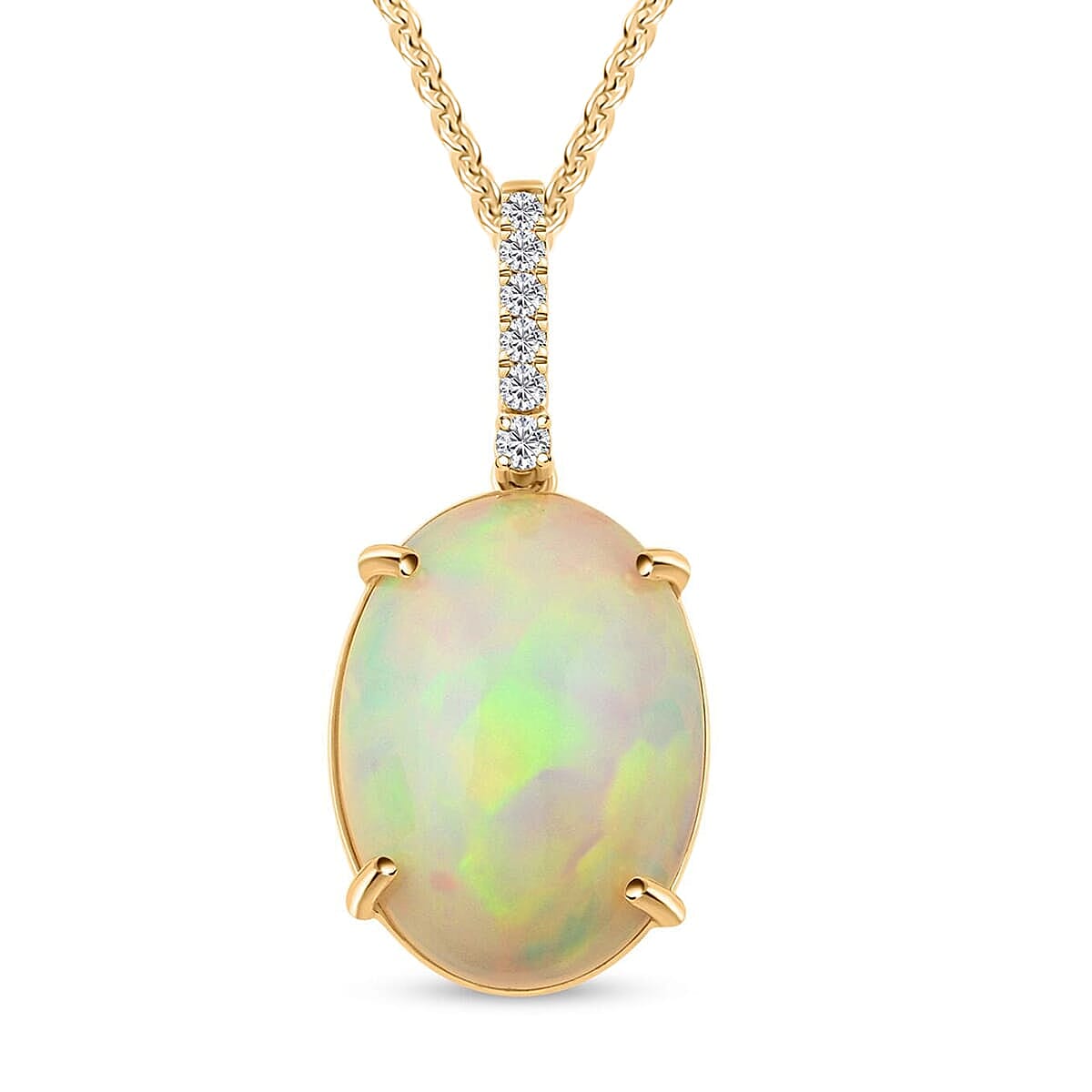 10K Yellow Gold,  Ethiopian Opal,  White Diamond Pendant with Chain (Size 18) 6.96ct  Gold Wt. 3.71 Gms  6.960  Ct.