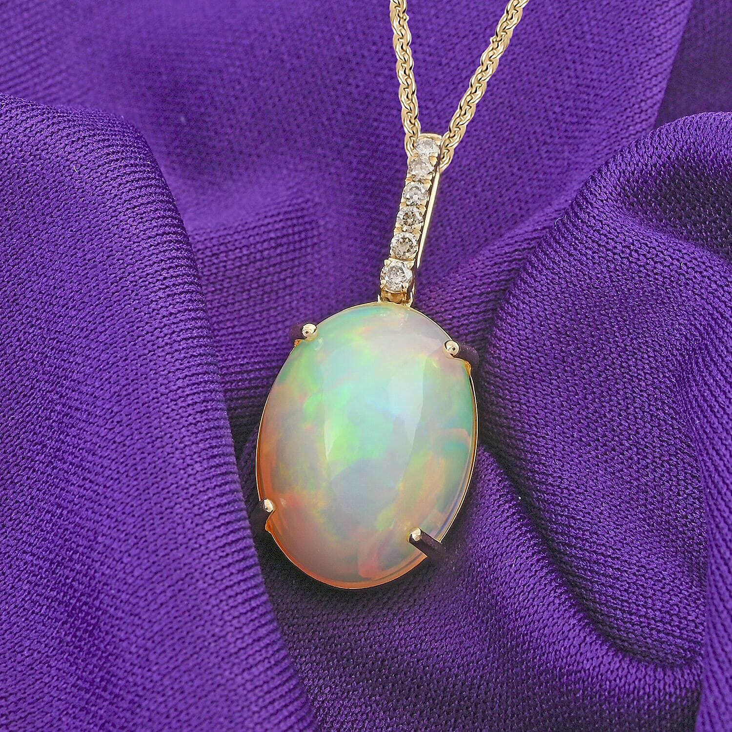 10K Yellow Gold,  Ethiopian Opal,  White Diamond Pendant with Chain (Size 18) 6.96ct  Gold Wt. 3.71 Gms  6.960  Ct.