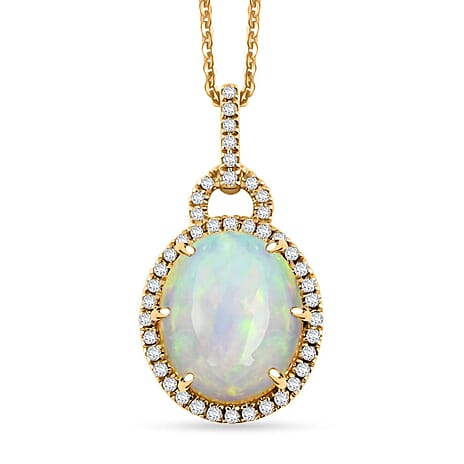 Luxoro 10K Yellow Gold AGI Certified AAA Ethiopian Opal & White Diamond (12-GH) Pendant with Chain (Size 18) 3.60 Ct.