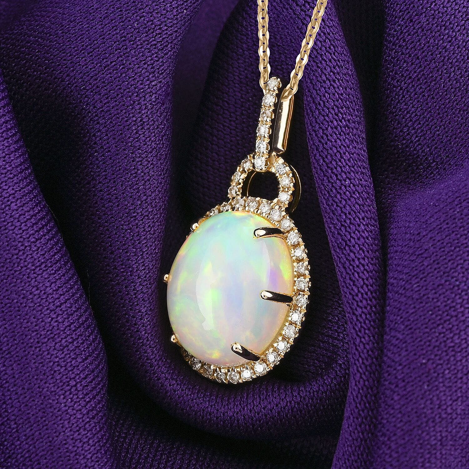 Luxoro 10K Yellow Gold AGI Certified AAA Ethiopian Opal & White Diamond (12-GH) Pendant with Chain (Size 18) 3.60 Ct.