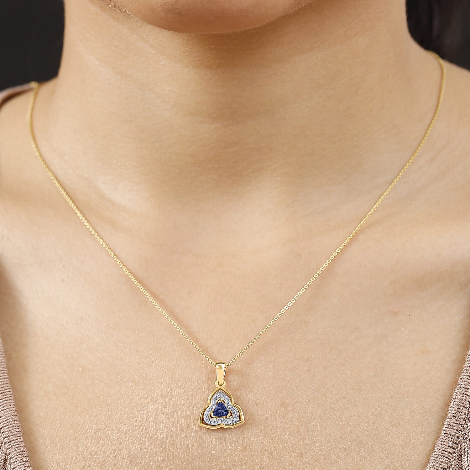 Tanzanite & White Zircon Pendant with Chain (Size 20) in 18K Vermeil  Yellow Gold Plated Sterling Silver 0.56 Ct.