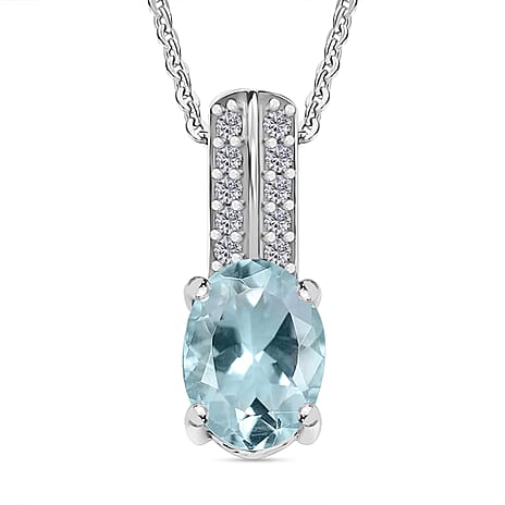 Aquamarine & White Zircon Pendant with Chain (Size 20) in Rhodium Overlay Sterling Silver 1.70 Ct.