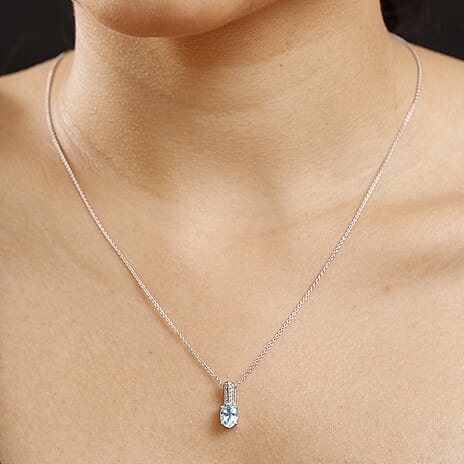 Aquamarine & White Zircon Pendant with Chain (Size 20) in Rhodium Overlay Sterling Silver 1.70 Ct.