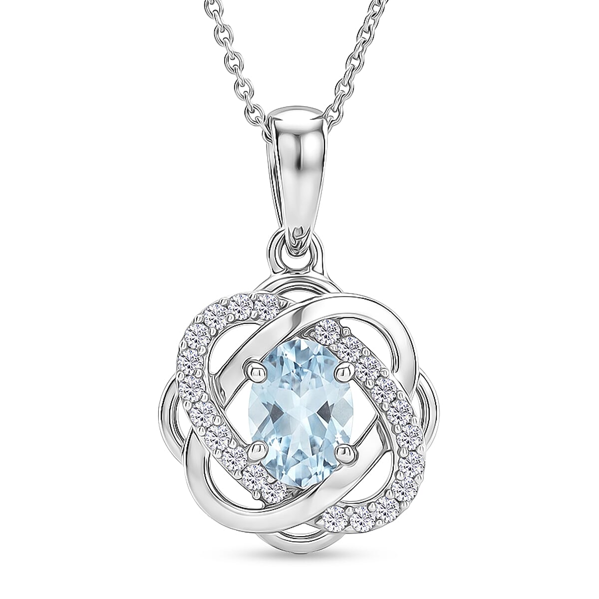 Aquamarine & White Zircon Pendant with Chain (Size 20) in Rhodium Overlay Sterling Silver 1.25 Ct.