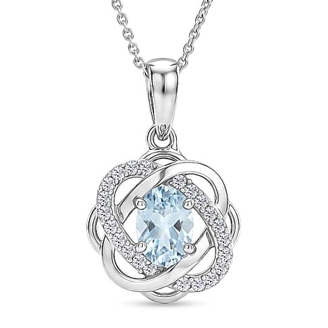 Aquamarine & White Zircon Pendant with Chain (Size 20) in Rhodium Overlay Sterling Silver 1.25 Ct.