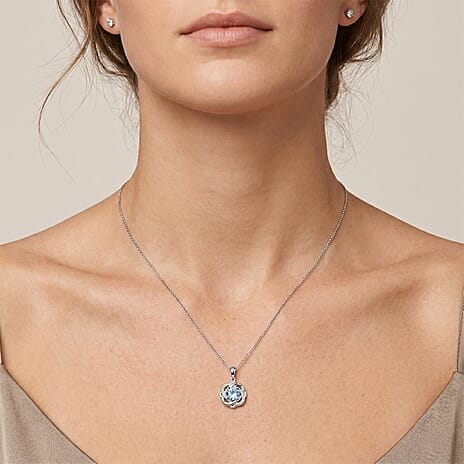 Aquamarine & White Zircon Pendant with Chain (Size 20) in Rhodium Overlay Sterling Silver 1.25 Ct.