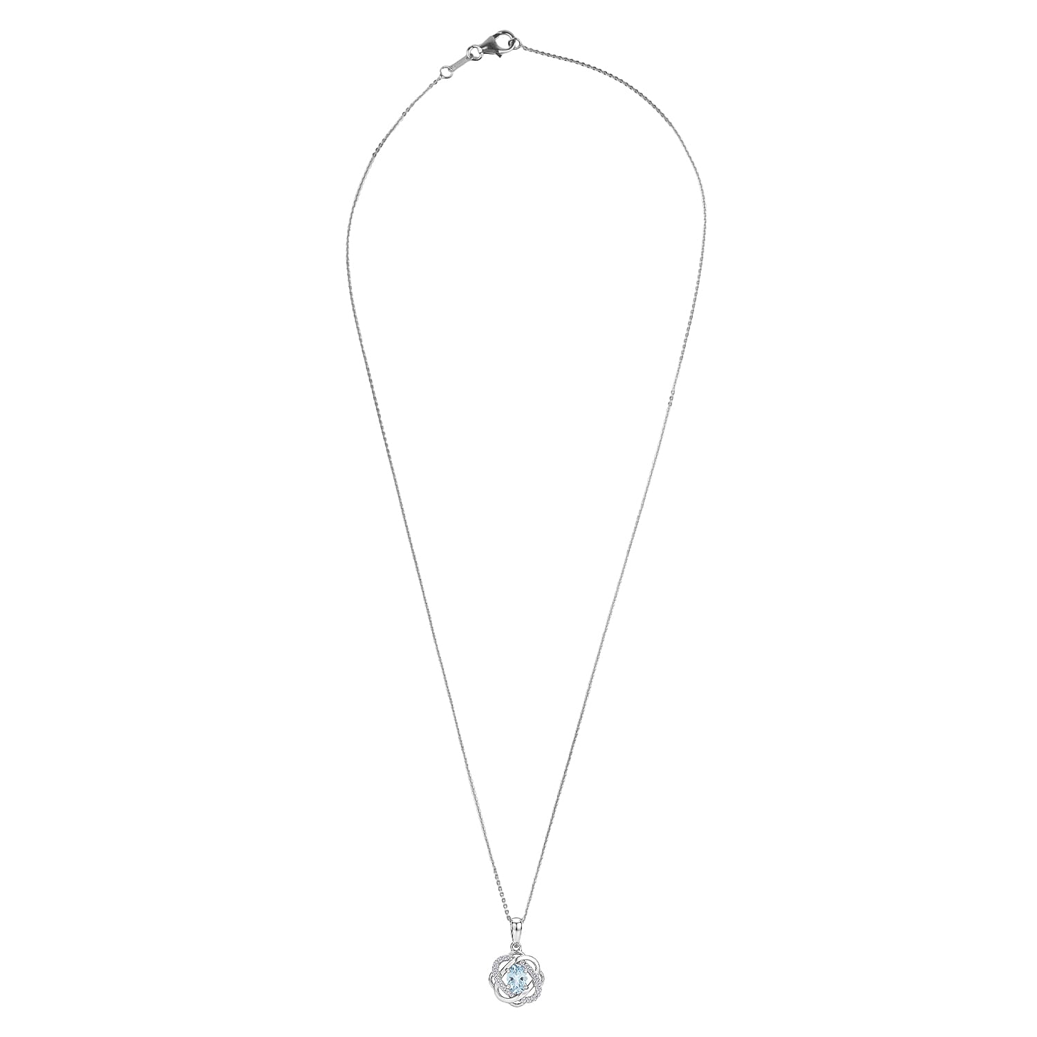 Aquamarine & White Zircon Pendant with Chain (Size 20) in Rhodium Overlay Sterling Silver 1.25 Ct.