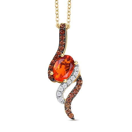 Natural Fire Opal, Brown Zircon & White Zircon Feiry Passion Flaming Grace Pendant with Chain (Size - 20) in 18K Vermeil Yellow Gold Plated Sterling Silver