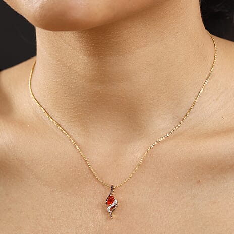 Natural Fire Opal, Brown Zircon & White Zircon Feiry Passion Flaming Grace Pendant with Chain (Size - 20) in 18K Vermeil Yellow Gold Plated Sterling Silver