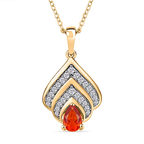 Natural Fire Opal & White Zircon Peacock Plume Pendant with Chain (Size 20) in 18K Vermeil Yellow Gold Plated Sterling Silver 0.50 Ct.