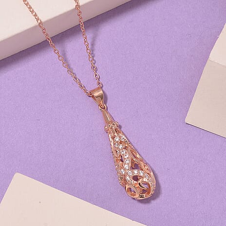 LucyQ - Air Drip Collection White Zircon Necklace with Chain (Size 20) in 18K Vermeil Rose Gold Plated Sterling Silver 1.08 Ct.