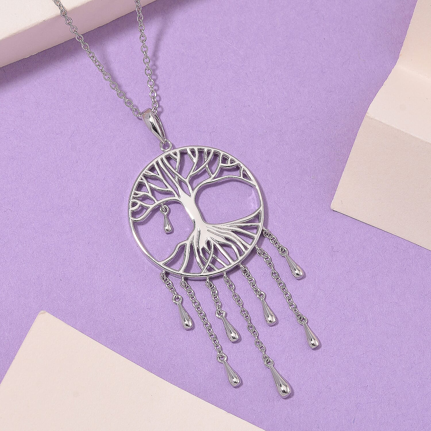 LucyQ - Tree of Life Drip Collection Pendant with Chain (Size 20) in Rhodium Overlay Sterling Silver, Silver wt. 7.50 Gms.