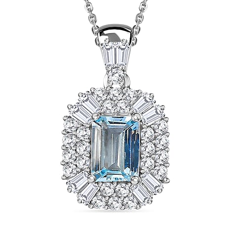 Aquamarine & Moissanite Pendant with Chain (Size 20) in Rhodium Overlay Sterling Silver 1.58 Ct, Silver Wt. 7.11