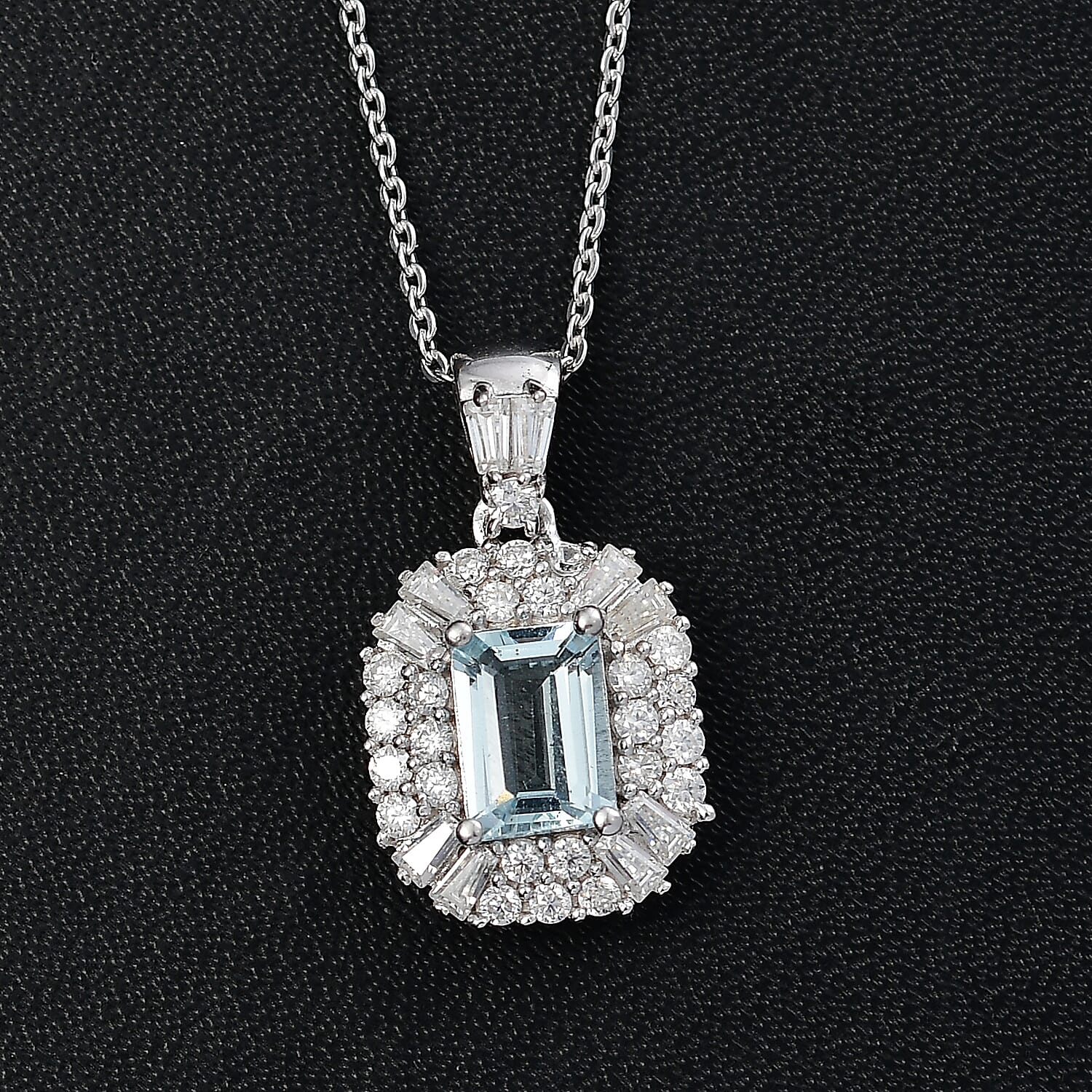 Aquamarine & Moissanite Pendant with Chain (Size 20) in Rhodium Overlay Sterling Silver 1.58 Ct, Silver Wt. 7.11
