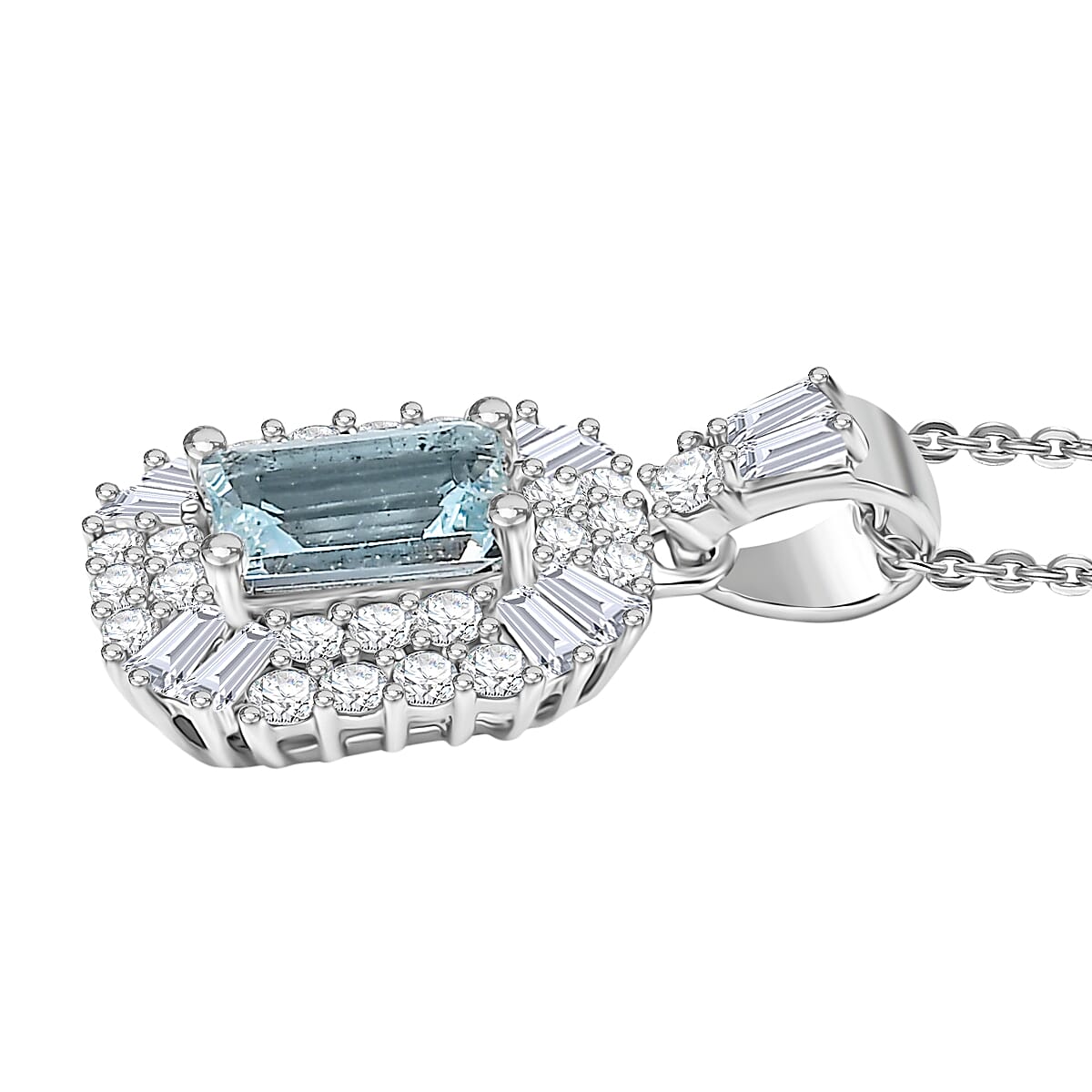 Aquamarine & Moissanite Pendant with Chain (Size 20) in Rhodium Overlay Sterling Silver 1.58 Ct, Silver Wt. 7.11