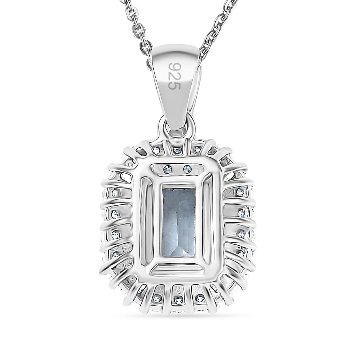 Aquamarine & Moissanite Pendant with Chain (Size 20) in Rhodium Overlay Sterling Silver 1.58 Ct, Silver Wt. 7.11