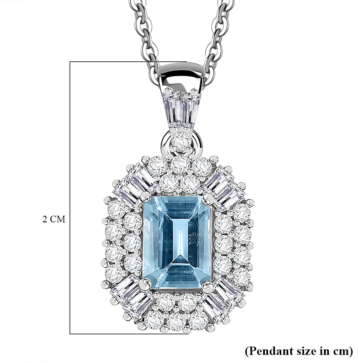 Aquamarine & Moissanite Pendant with Chain (Size 20) in Rhodium Overlay Sterling Silver 1.58 Ct, Silver Wt. 7.11