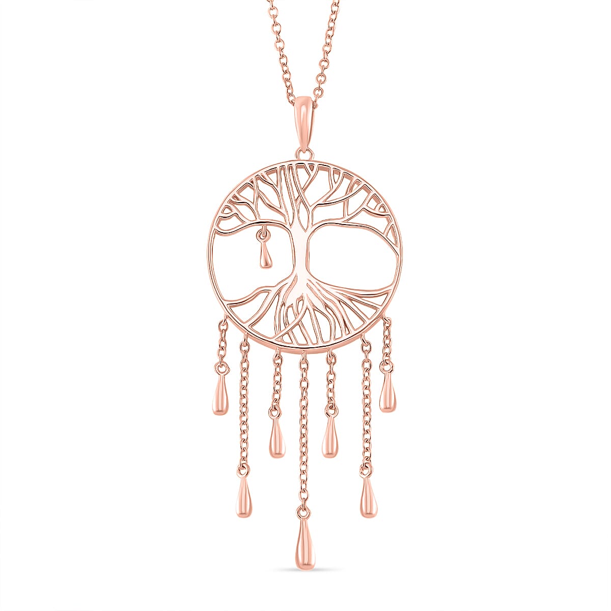 LucyQ - Tree of Life Drip Collection Pendant with Chain (Size 20) in 18K Vermeil Rose Gold Plated Sterling Silver, Silver Wt. 7.50 Gms.