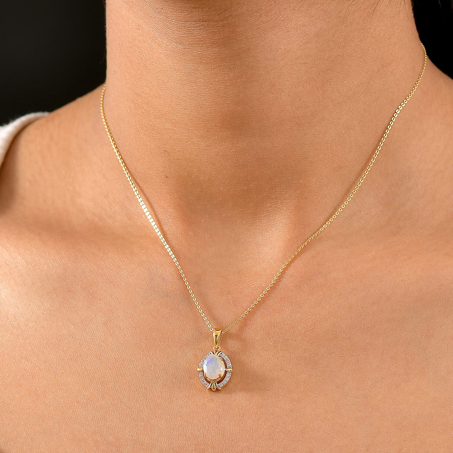 Ethiopian Faceted Opal & White Zircon Pendant with Chain (Size 20) in 18K Vermeil Yellow Gold Plated Sterling Silver 0.97 Ct.