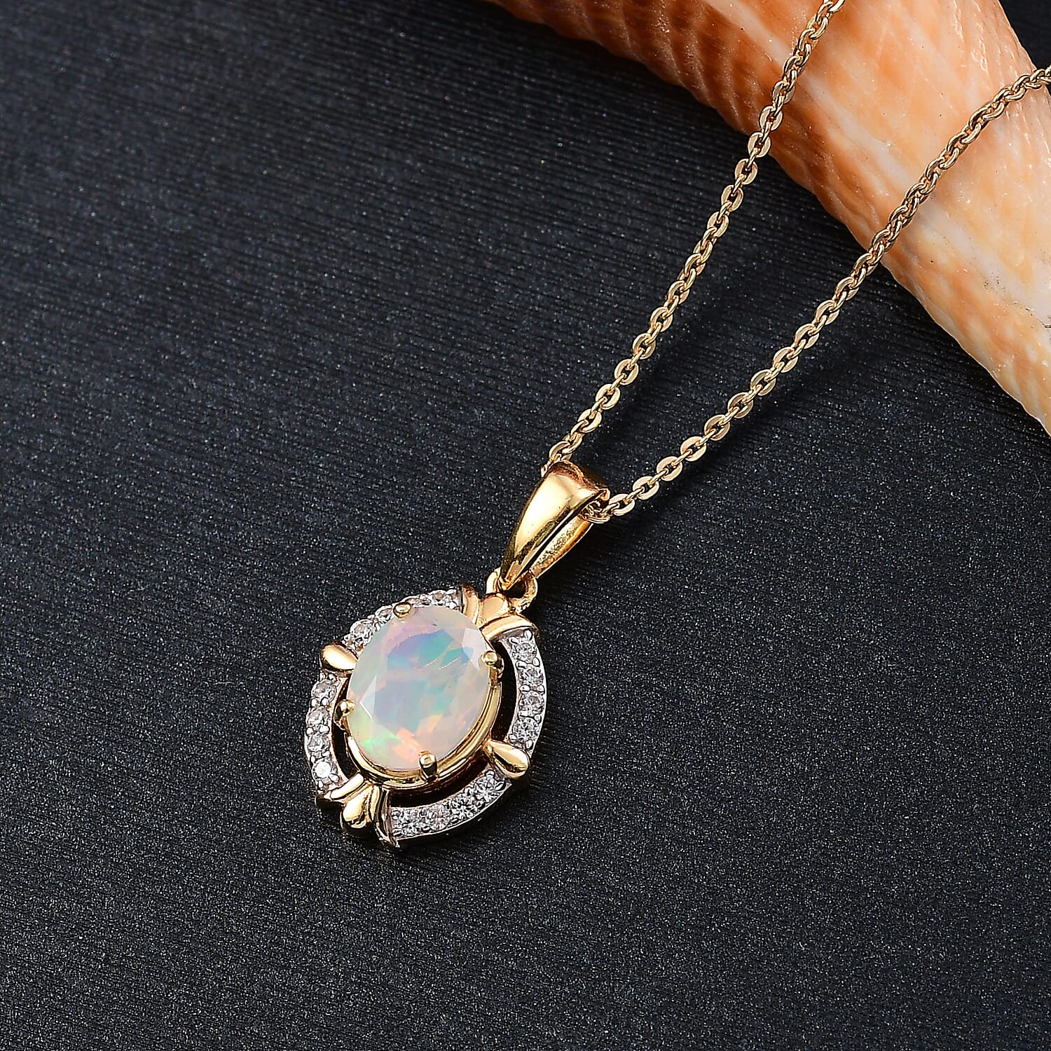 Ethiopian Faceted Opal & White Zircon Pendant with Chain (Size 20) in 18K Vermeil Yellow Gold Plated Sterling Silver 0.97 Ct.