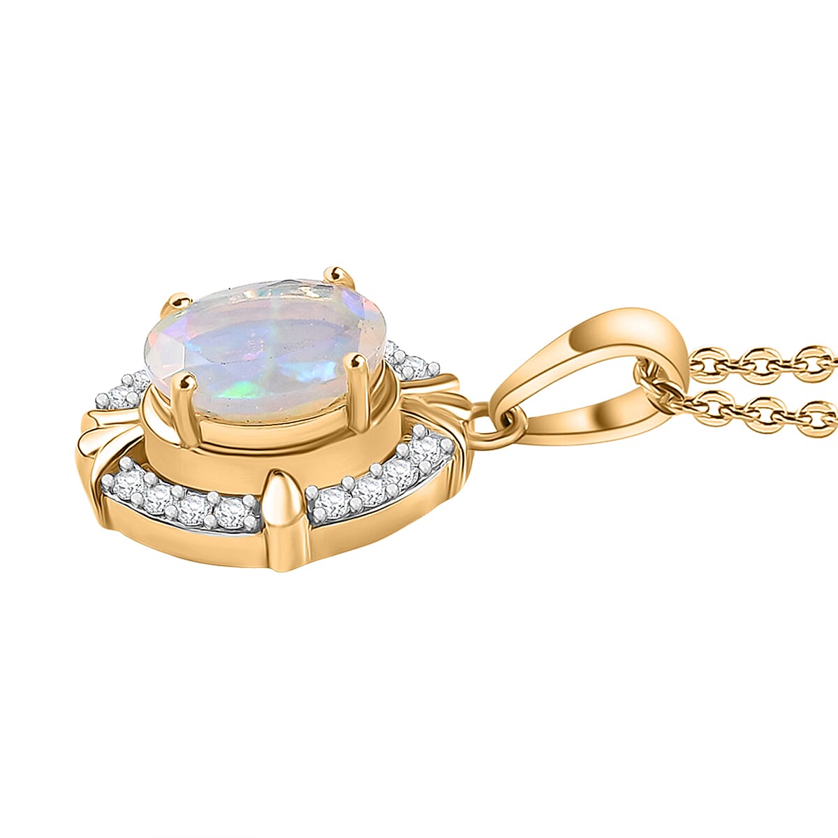 Ethiopian Faceted Opal & White Zircon Pendant with Chain (Size 20) in 18K Vermeil Yellow Gold Plated Sterling Silver 0.97 Ct.