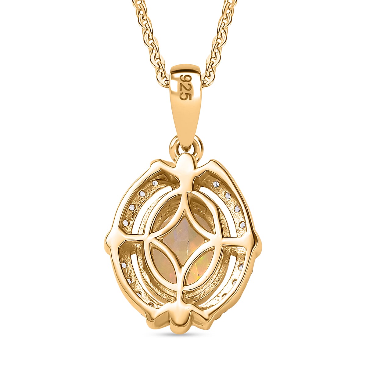 Ethiopian Faceted Opal & White Zircon Pendant with Chain (Size 20) in 18K Vermeil Yellow Gold Plated Sterling Silver 0.97 Ct.