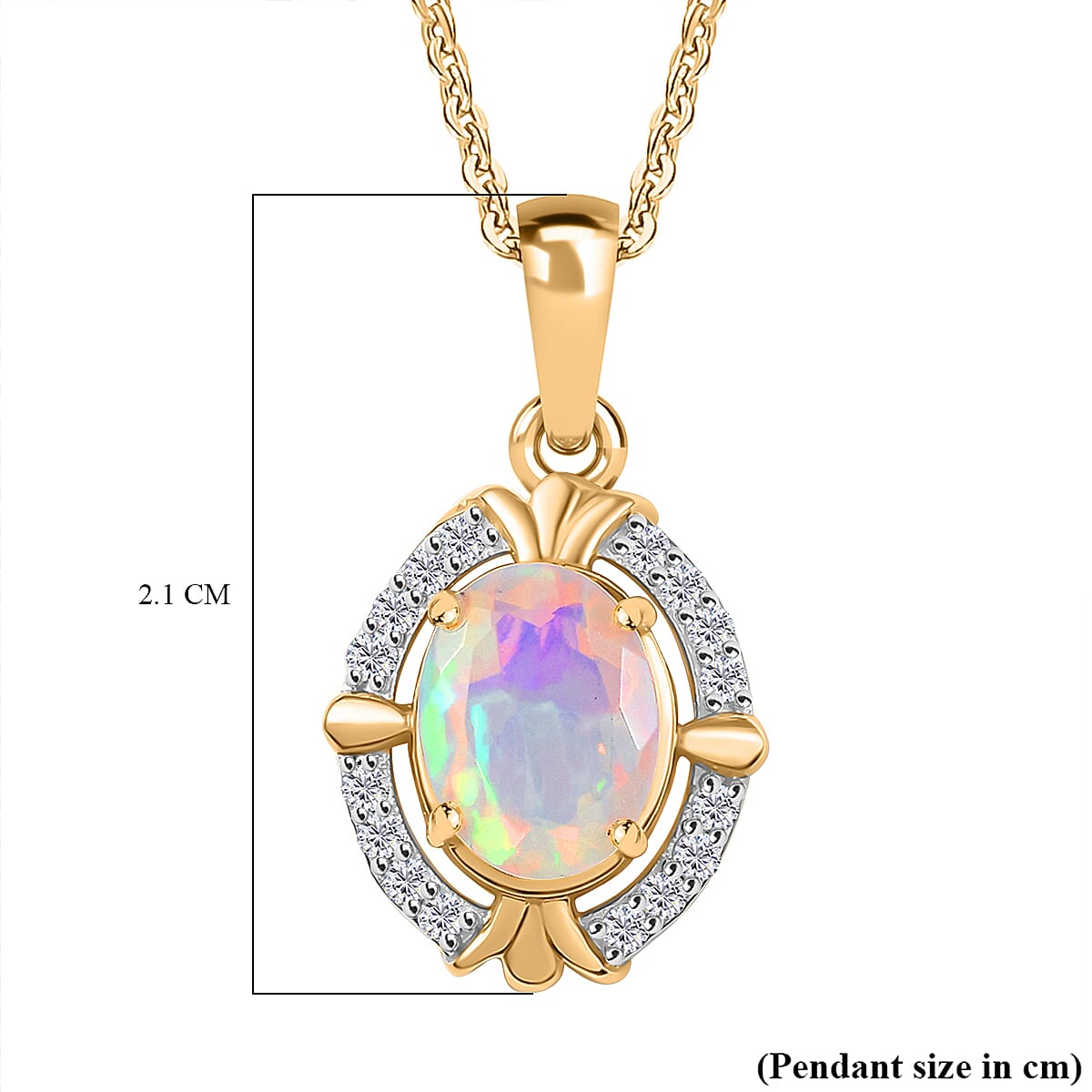 Ethiopian Faceted Opal & White Zircon Pendant with Chain (Size 20) in 18K Vermeil Yellow Gold Plated Sterling Silver 0.97 Ct.