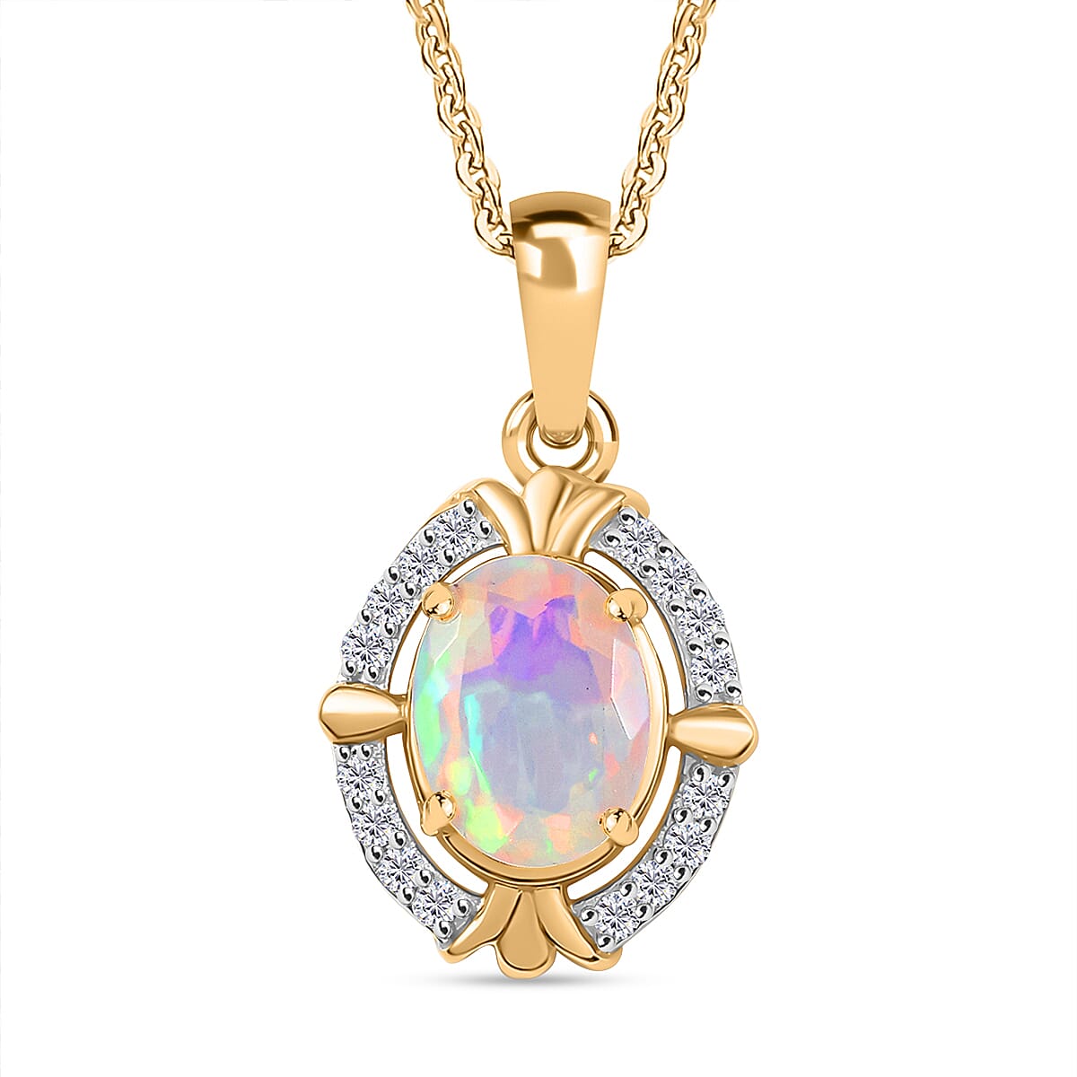 Ethiopian Faceted Opal & White Zircon Pendant with Chain (Size 20) in 18K Vermeil Yellow Gold Plated Sterling Silver 0.97 Ct.