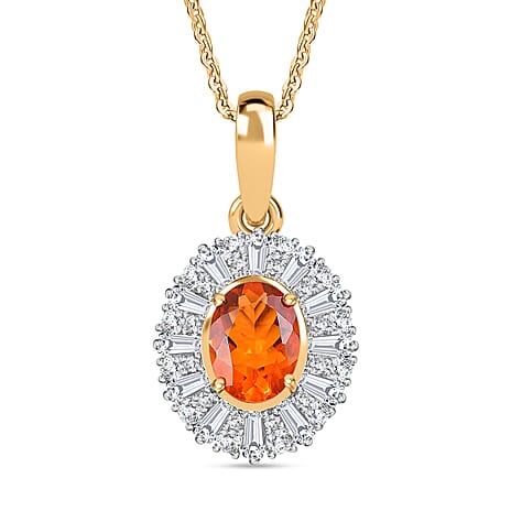 Natural Crimson Fire Opal & Moissanite Sunburst Pendant with Chain (Size - 20) in 18K Vermeil Yellow Gold Plated Sterling Silver 1.32 Ct.