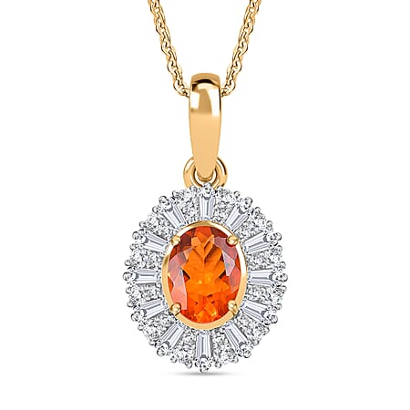 Natural Crimson Fire Opal & Moissanite Sunburst Pendant with Chain (Size - 20) in 18K Vermeil Yellow Gold Plated Sterling Silver 1.32 Ct. Natural Crimson Fire Opal & Moissanite Sunburst Pendant with Chain (Size - 20) in 18K Vermeil Yellow Gold Plated Sterling Silver 1.32 Ct.