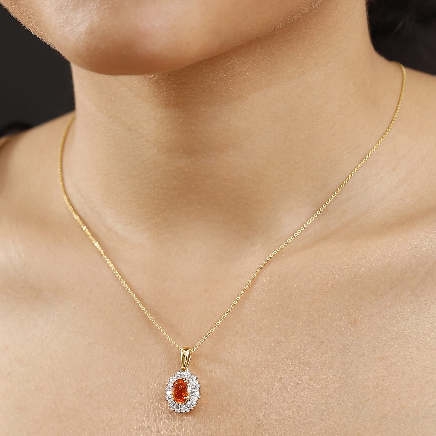 Natural Crimson Fire Opal & Moissanite Sunburst Pendant with Chain (Size - 20) in 18K Vermeil Yellow Gold Plated Sterling Silver 1.32 Ct.