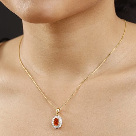 Natural Crimson Fire Opal & Moissanite Sunburst Pendant with Chain (Size - 20) in 18K Vermeil Yellow Gold Plated Sterling Silver 1.32 Ct.