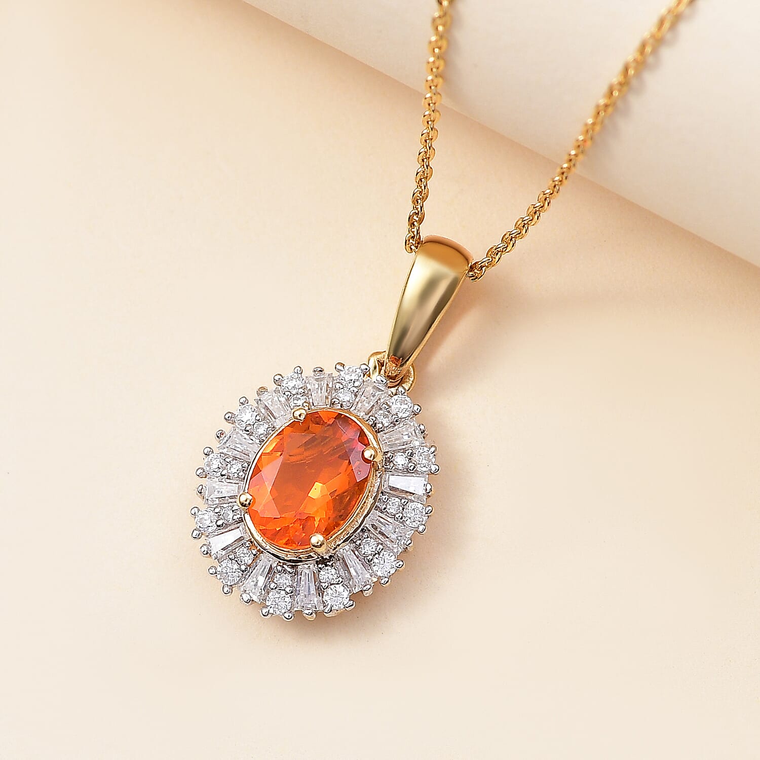 Natural Crimson Fire Opal & Moissanite Sunburst Pendant with Chain (Size - 20) in 18K Vermeil Yellow Gold Plated Sterling Silver 1.32 Ct.
