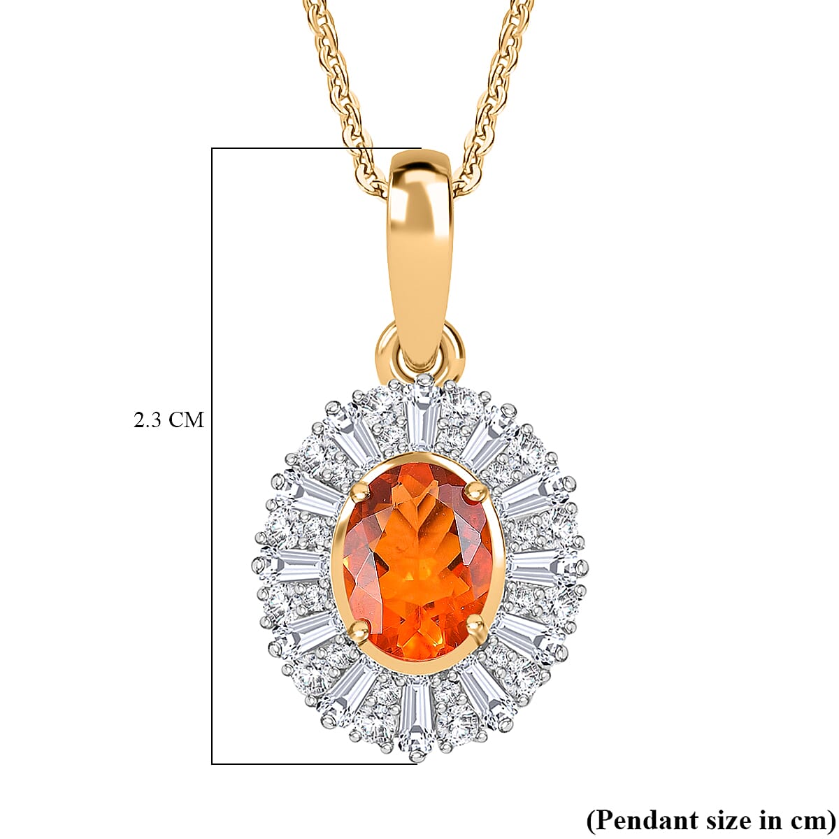 Natural Crimson Fire Opal & Moissanite Sunburst Pendant with Chain (Size - 20) in 18K Vermeil Yellow Gold Plated Sterling Silver 1.32 Ct.