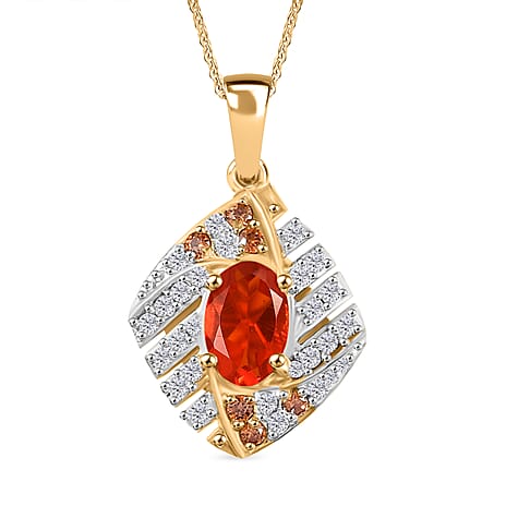 Natural Crimson Fire Opal, White Zircon & Brown Zircon Wave Flow Pendant with Chain (Size - 20) in 18K Vermeil Yellow Gold Plated Sterling Silver 0.62 Ct.